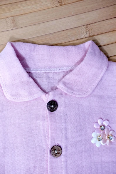 Düğmeli Kısa Kollu Müslin Tulum Pembe - 4
