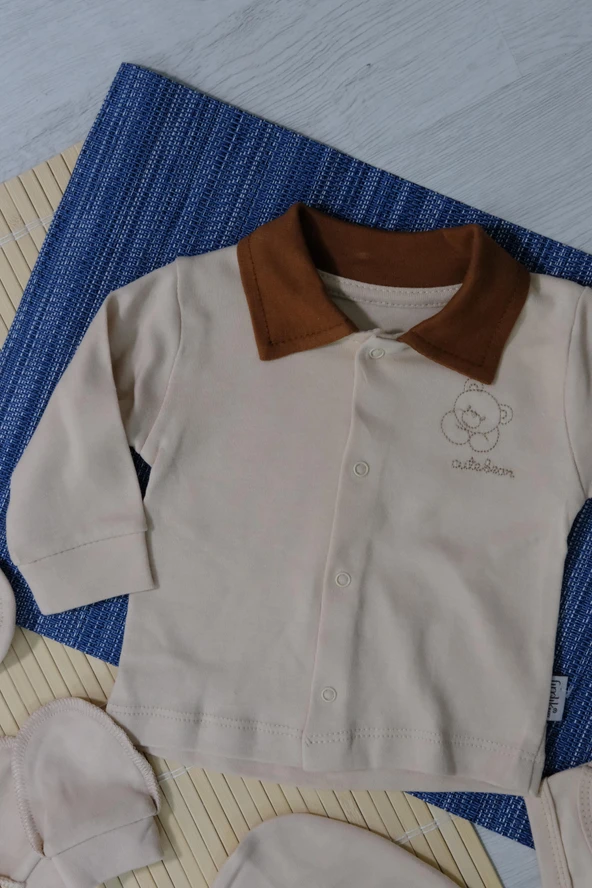 Unisex Ayıcık Desenli 7'li Zıbın Takımı Kahverengi Biyeli Krem - 3