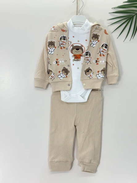 Ayıcık Baskılı Kapüşonlu Erkek Bebek 3'lü Çıtçıtlı Body Takım Açık Kahve