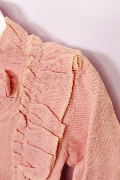 Fırfır Detaylı Uzun Kollu Müslin Elbise Somon - 5