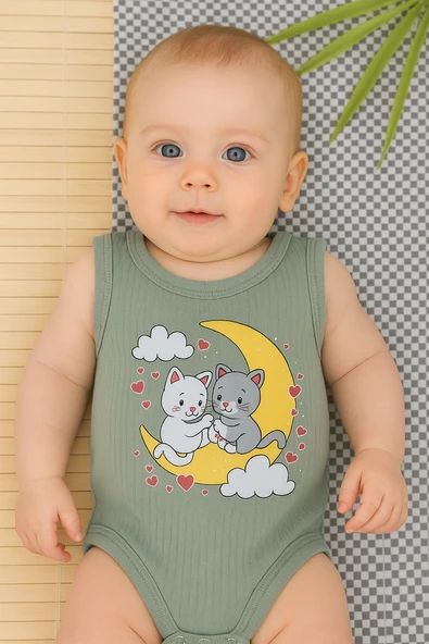 Unisex Bebek Kolsuz Zıbın Ay Üzerinde Kedi ve Kalp Baskılı Ribana Body Haki