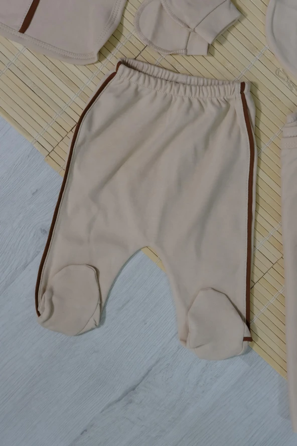 Unisex Ayıcık Desenli 7'li Zıbın Takımı Kahverengi Biyeli Krem - 9