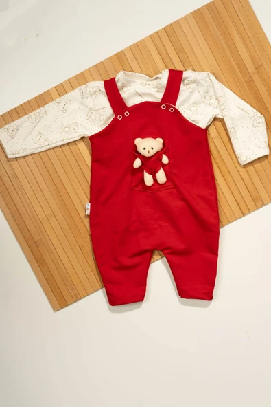 Ayıcık Cepli Salopetli 2'li Bebek Takımı Uzun Kollu Bodyli Kırmızı