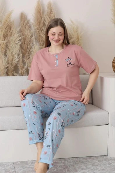 Sude Kadın Büyük Beden Düğme Yaka Penye Kısa Kol İnce Pijama Takımı P127 - 1 Adet  Pudra 3XL - Resim 2