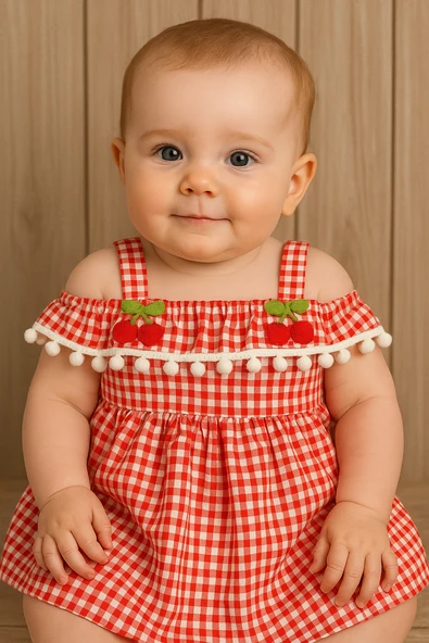 Kırmızı Beyaz Ekoseli Kız Yazlık Elbise Kiraz ve Ponpon Detaylı Askılı Model