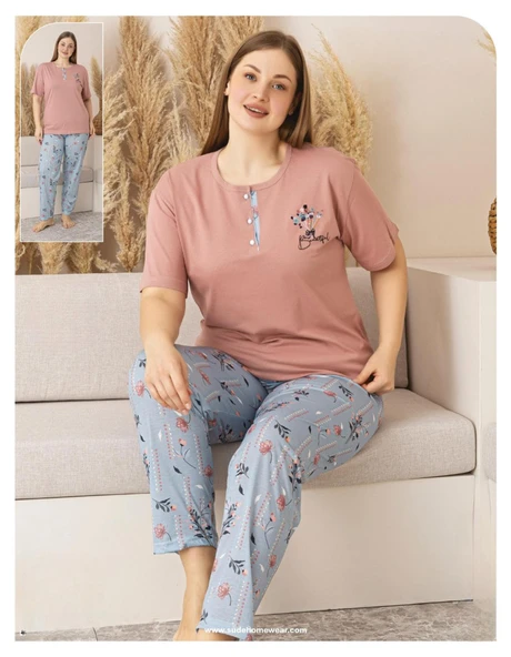Sude Kadın Büyük Beden Düğme Yaka Penye Kısa Kol İnce Pijama Takımı P127 - 1 Adet  Pudra 3XL ürün görseli