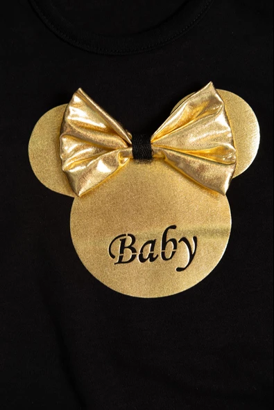 Gold Pileli Etekli Siyah Baby Baskılı 3'lü Kız Bebek Takımı - 5