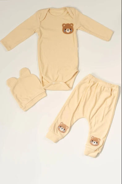 Ayıcık Nakışlı 3'lü Ribana Bebek Takımı Krem