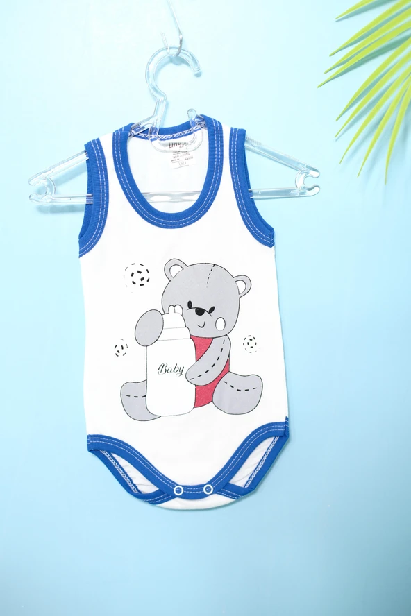 Unisex Baskılı Krem Body Çıtçıtlı Bisiklet Yaka Atlet Kol Mavi - 2
