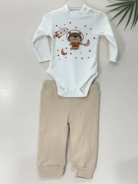 Ayıcık Baskılı Kapüşonlu Erkek Bebek 3'lü Çıtçıtlı Body Takım Açık Kahve - Resim 5