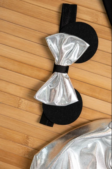 Gümüş Pileli Etekli Siyah Baby Baskılı 3'lü Kız Bebek Takımı - 4