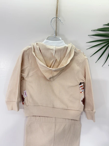 Ayıcık Baskılı Kapüşonlu Erkek Bebek 3'lü Çıtçıtlı Body Takım Açık Kahve - Resim 3