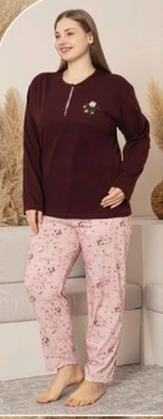 Sude Kadın Büyük Beden Düğme Yaka Penye Uzun Kol İnce Pijama Takımı A600-492 - 1 Adet  5XL Kahverengi - Resim 2