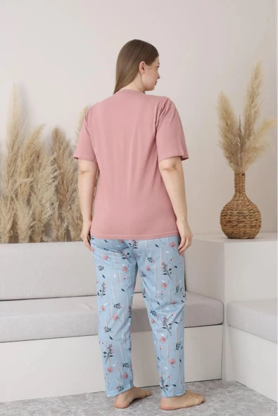 Sude Kadın Büyük Beden Düğme Yaka Penye Kısa Kol İnce Pijama Takımı P127 - 1 Adet  Pudra 3XL - Resim 4