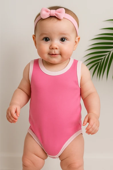 Unisex Pembe Body Çıtçıtlı Bisiklet Yaka Atlet Kol Beyaz