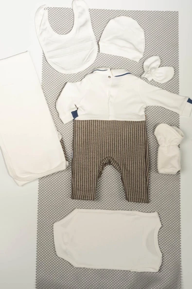 Kahverengi Askılı Pantolon Desenli 7'li Erkek Bebek Yenidoğan Takımı - 2