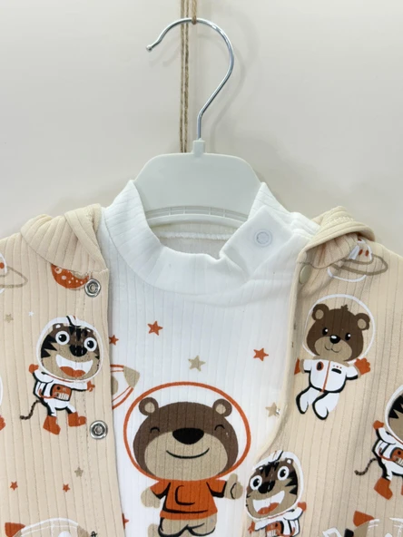 Ayıcık Baskılı Kapüşonlu Erkek Bebek 3'lü Çıtçıtlı Body Takım Açık Kahve - Resim 4