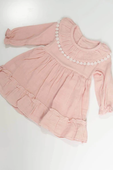 Pudra Rengi Çiçek Dantelli Fırfırlı Uzun Kollu Kız Bebek Elbise Pudra - 2