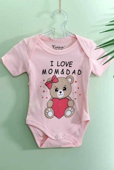 Kız Bebek Kısa Kollu Zıbın I Love Mom & Dad Ayıcık Baskılı Body Pembe - 2