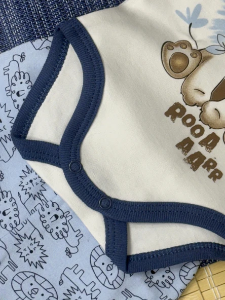 Aslan Baskılı Erkek Bebek 3'lü Body Takım Mavi - Resim 4