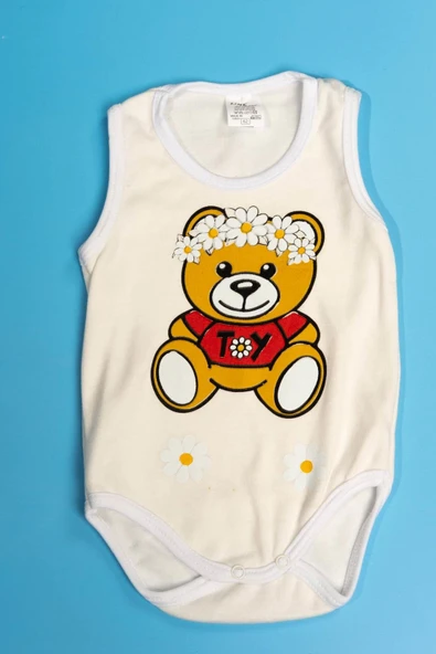 Unisex Baskılı Krem Body Çıtçıtlı Bisiklet Yaka Atlet Kol Beyaz - 2