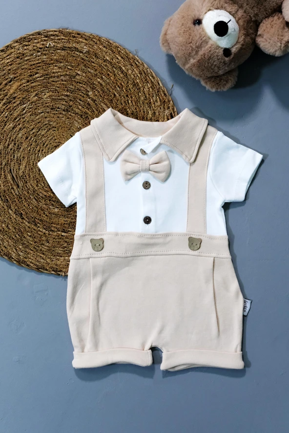 Papyonlu Kısa Bebek Tulum Bej - 2