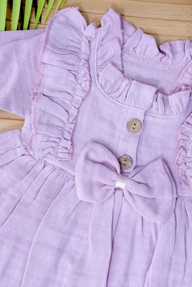 Fırfır Detaylı Uzun Kollu Müslin Elbise Pudra - 3