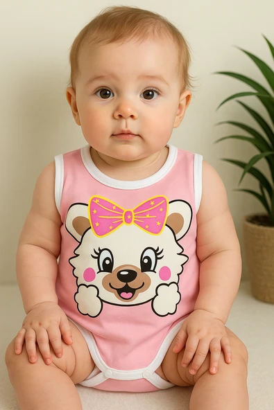 Unisex Baskılı Toz Pembe Body Çıtçıtlı Bisiklet Yaka Atlet Kol Beyaz ürün görseli