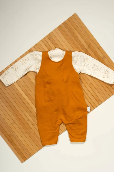 Ayıcık Cepli Salopetli 2'li Bebek Takımı Uzun Kollu Bodyli  Hardal - 2