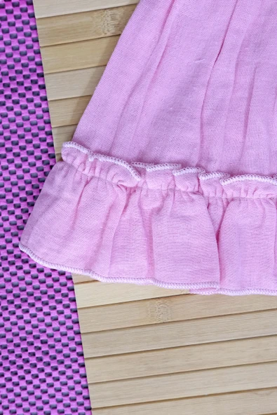 Kız Bebek Pembe Uzun Kollu Elbise Volanlı Yaka Fırfırlı Etek ve Çiçek Detaylı Şık Tasarım Pembe - 5