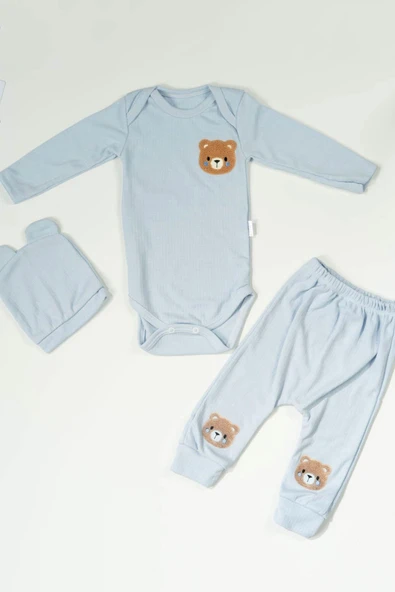 Ayıcık Nakışlı 3'lü Ribana Bebek Takımı Mavi ürün görseli