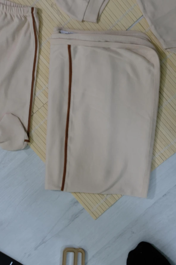 Unisex Ayıcık Desenli 7'li Zıbın Takımı Kahverengi Biyeli Krem - 4