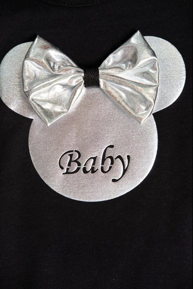 Gümüş Pileli Etekli Siyah Baby Baskılı 3'lü Kız Bebek Takımı - 5