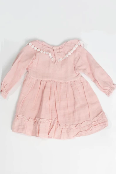Pudra Rengi Çiçek Dantelli Fırfırlı Uzun Kollu Kız Bebek Elbise Pudra - 3
