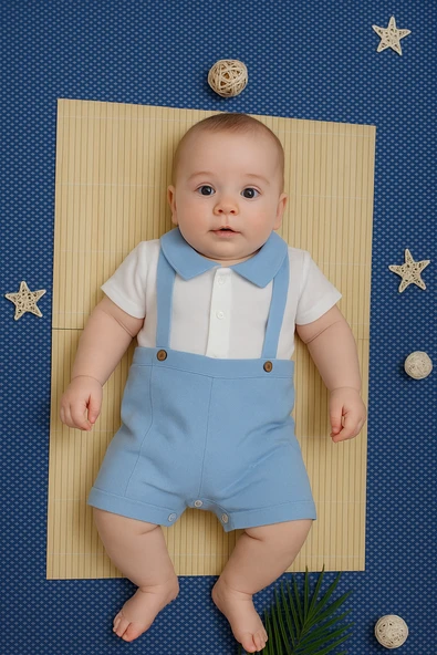 Unisex Askılı Görünümlü Kısa Kollu Bebek Tulum Turkuaz - 1