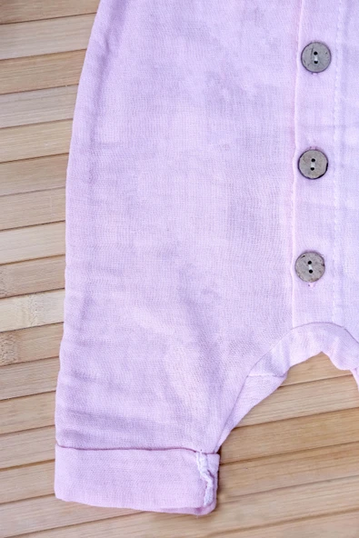 Düğmeli Kısa Kollu Müslin Tulum Pembe - 3