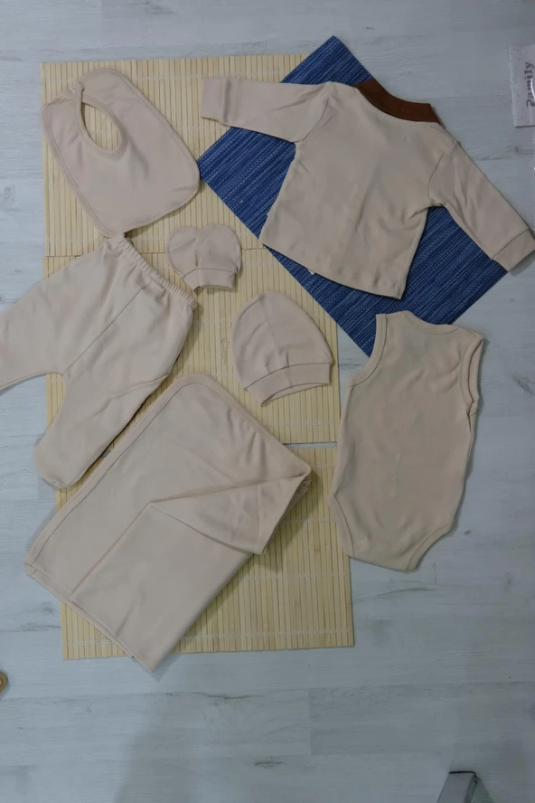 Unisex Ayıcık Desenli 7'li Zıbın Takımı Kahverengi Biyeli Krem - 2