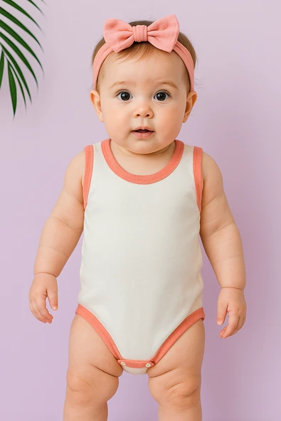 Unisex Beyaz Body Çıtçıtlı Bisiklet Yaka Atlet Kol Turuncu