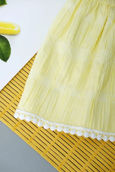 Kız Bebek Limon Sarısı Kısa Kollu Yazlık Elbise Fistolu Yaka  Püskül Sarı - 5