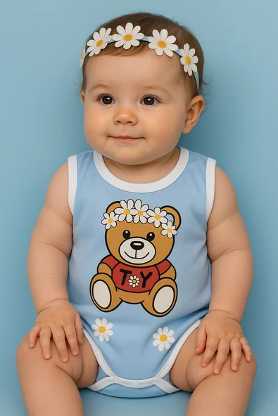 Unisex Baskılı Açık Mavi Body Çıtçıtlı Bisiklet Yaka Atlet Kol Beyaz