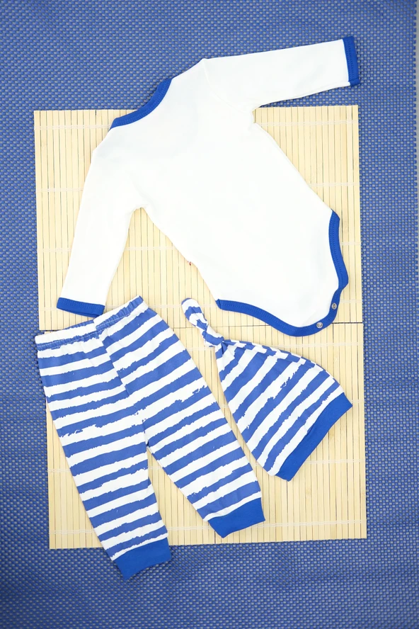 Unisex Penguen Desenli Mavi Çizgili 3'lü Body Bebek Takımı - 3