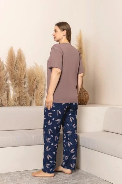 Sude Kadın Büyük Beden Düğme Yaka Penye Likralı Kısa Kol İnce Pijama Takımı P284 - 1 Adet  5XL Kahverengi - Resim 3