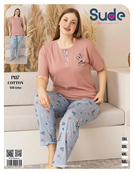 Sude Kadın Büyük Beden Düğme Yaka Penye Kısa Kol İnce Pijama Takımı P127 - 1 Adet  Pudra 3XL - Resim 5