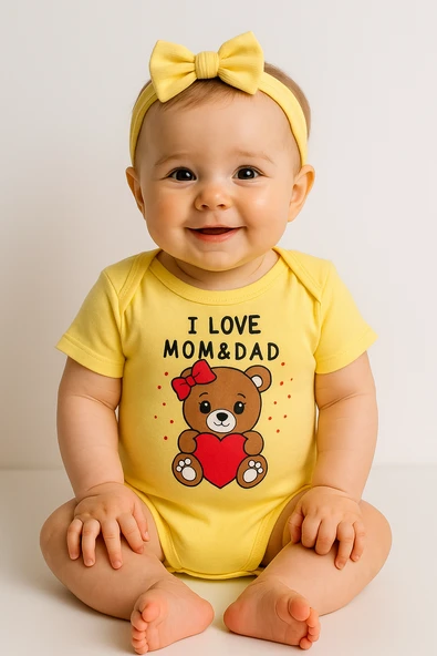 Unisex Ayıcıklı Kısa Kollu Body Sarı