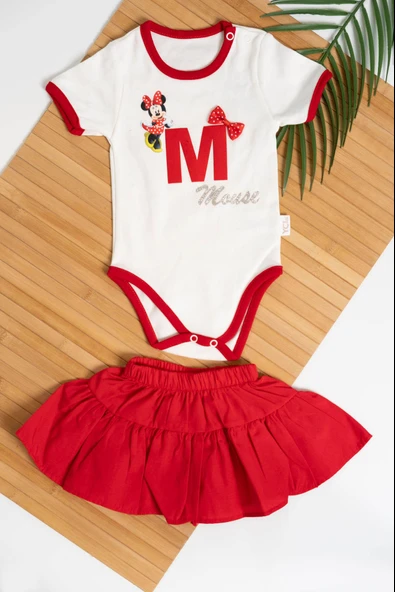 Kırmızı Fırfırlı Etekli Minnie Mouse Baskılı Kız Bebek Body Takımı