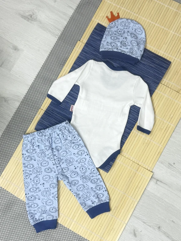 Aslan Baskılı Erkek Bebek 3'lü Body Takım Mavi - Resim 6