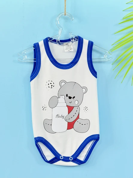 Unisex Baskılı Beyaz Body Çıtçıtlı Bisiklet Yaka Atlet Kol Mavi - 2
