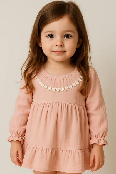 Pudra Rengi Çiçek Dantelli Fırfırlı Uzun Kollu Kız Bebek Elbise Pudra