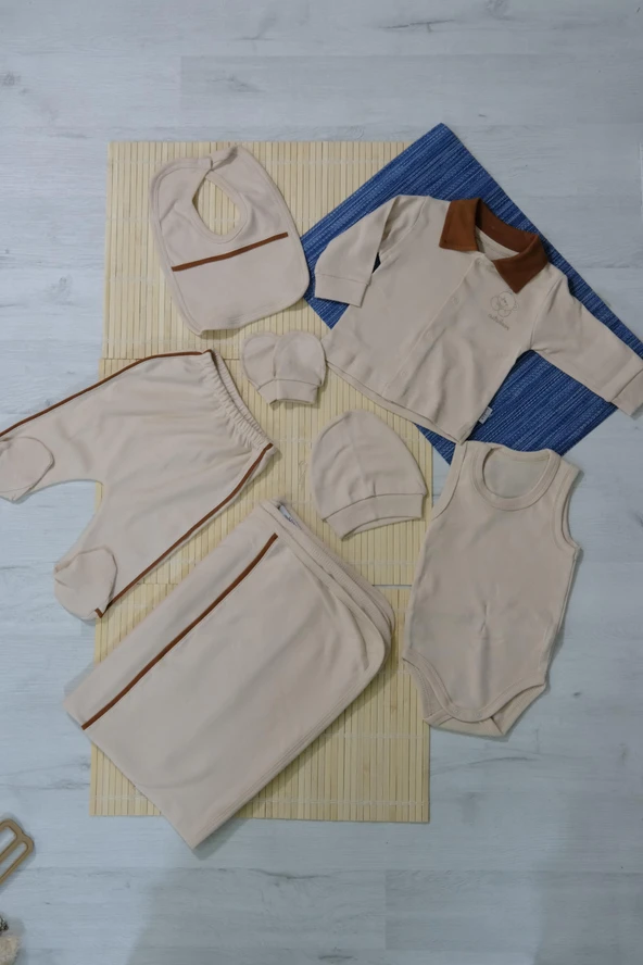 Unisex Ayıcık Desenli 7'li Zıbın Takımı Kahverengi Biyeli Krem