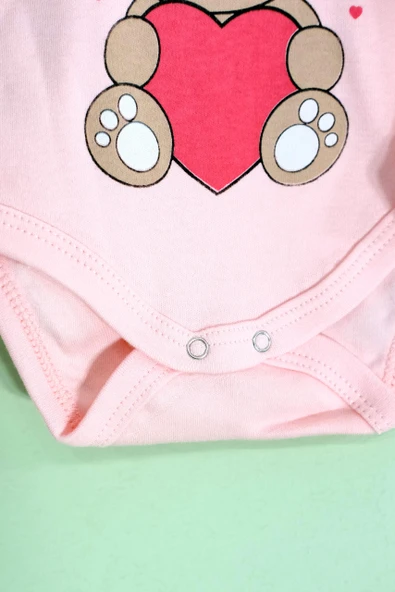 Kız Bebek Kısa Kollu Zıbın I Love Mom & Dad Ayıcık Baskılı Body Pembe - 4